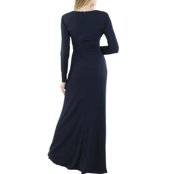 LAUREN RALPH LAUREN Evening Gown 12 Navy Blue V-Neck Maxi Dress Knot Front NWT - Picture 2 of 9